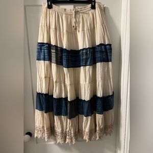 Young Threads Cream, denim and lace Tiered Boho Maxi Skirt